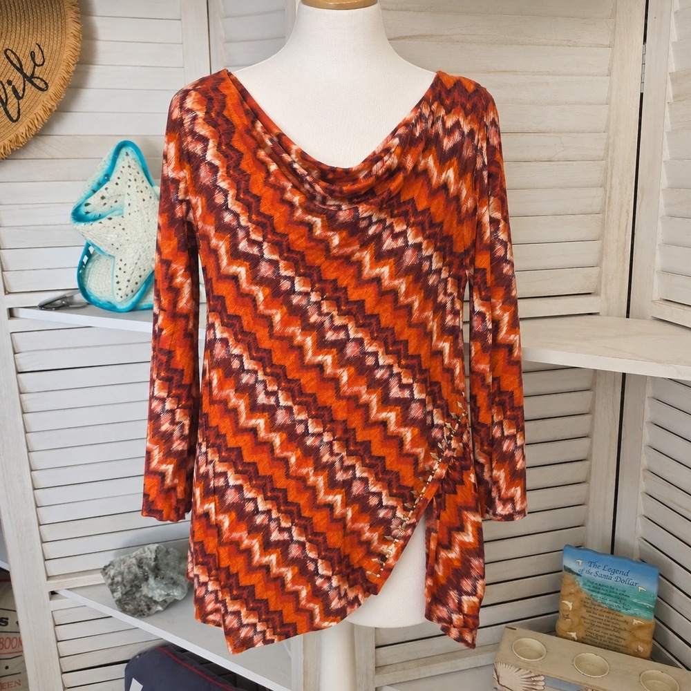 Ruby Rd Petite PL Orange Chevron Ikat Cowl Neck Studded Side Slit Tunic Top